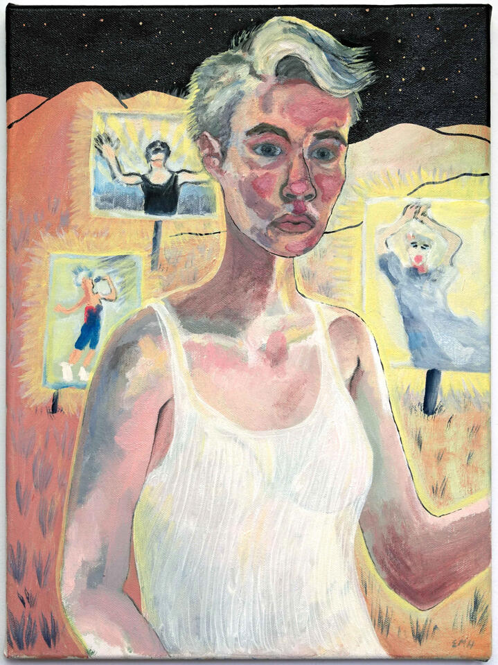 Woman in a landscape 2 (light pollution), Oil and mixed media on board, 10”X14", 2023